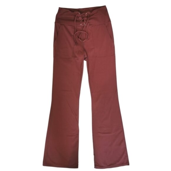 Halara Lace Up High Rise Flared Burgundy Stretch Yoga Pants - Sz L - Picture 1 of 6